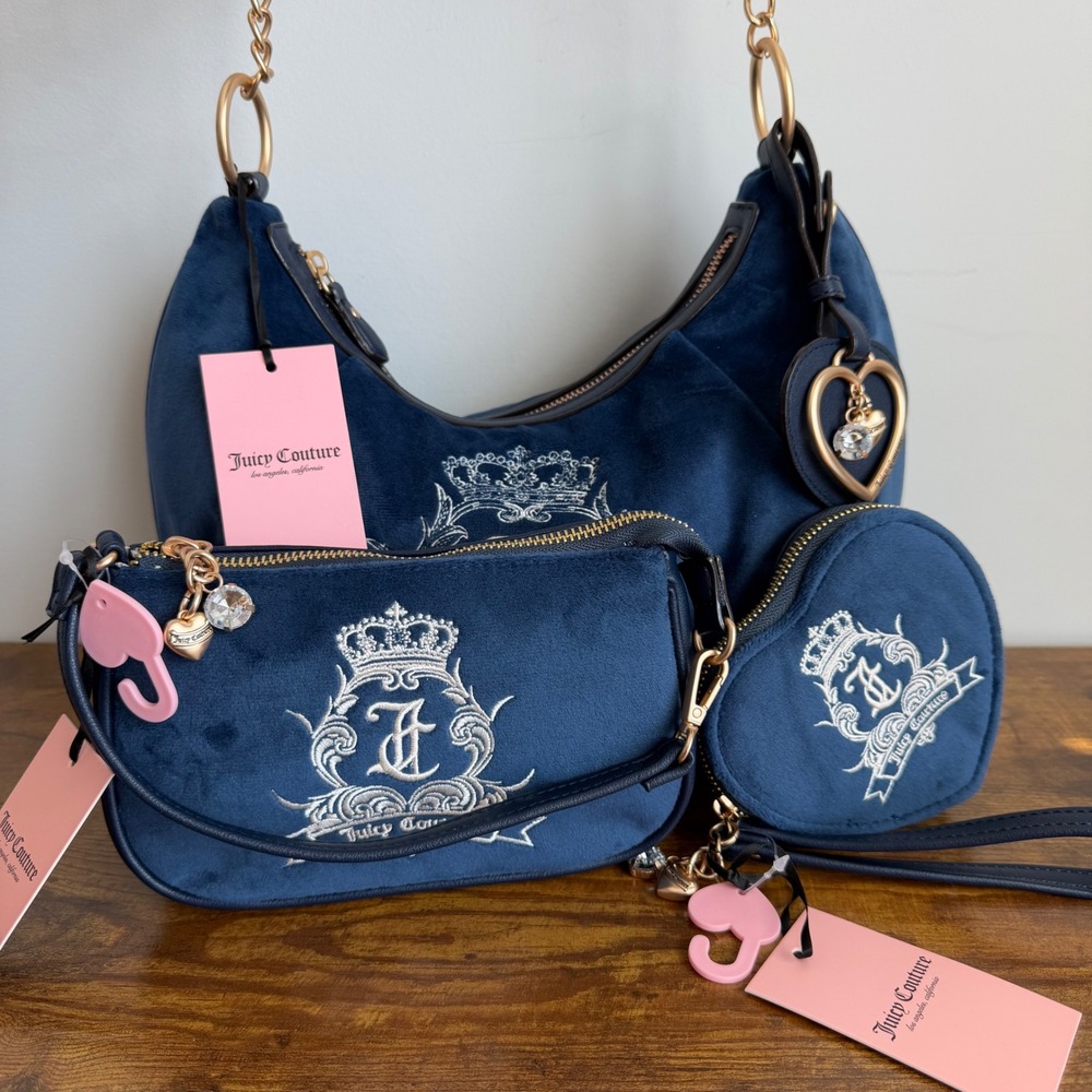 New Juicy Couture Need More Regal Blue Shoulder Hobo Handbag Wristlet Wallet Y2K